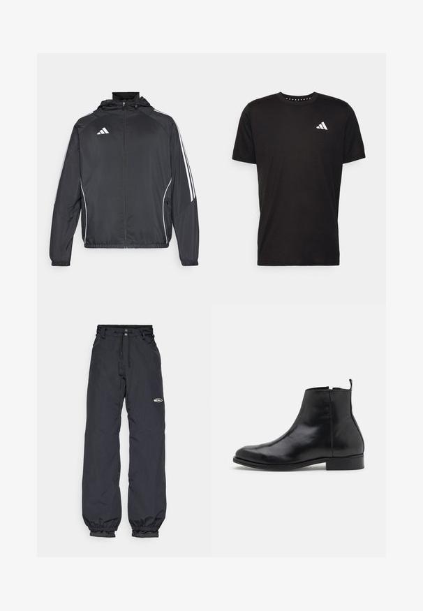 Svart sportsjakke med hette, med hvite striper langs ermene og glidelås foran. Laget av et glatt, lett stoff.; Svart bomulls t-skjorte med korte ermer, rund hals og en hvit logo på venstre bryst. Glatt tekstur og enkelt design.; Svarte vanntette bukser med justerbar midje, elastiske mansjetter og en liten logo-patch på låret; lett stoff.; Zign LEATHER - Støvletter - black