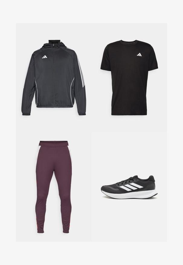 Black athletic jacket with a hood, featuring white stripes along the sleeves and a zippered front. Made from a smooth, lightweight fabric.; Black cotton t-shirt with short sleeves, crew neckline, and a white logo on the left chest. Smooth texture and simple design.; Maroon athletic pants made of stretchy fabric. Features white side panels and red accents. Tapered leg design with elastic waistband.; Black athletic shoe with breathable mesh upper, white accents, and a cushioned sole. Features three stripes logo on the side.