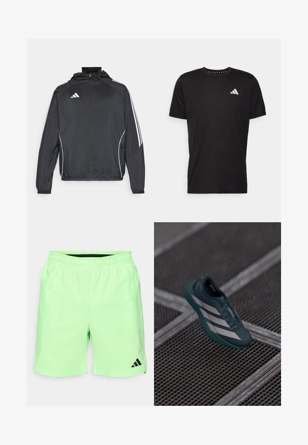 Crna atletska jakna s kapuljačom, s bijelim prugama duž rukava i zatvaranjem na zip. Izrađena od glatkog, laganog materijala.; Crna pamučna majica s kratkim rukavima, okruglim izrezom i bijelim logotipom na lijevoj strani prsnog koša. Glatka tekstura i jednostavan dizajn.; Svijetlozelene sportske kratke hlače s elastičnom trakom u struku, bočnim džepovima i crnim Adidas logotipom na donjoj lijevoj strani. Glatki, lagani materijal.; Tamno plavi sportski model cipela s teksturiranim gornjim dijelom, s tri bijele pruge, okruglim vrhom i uloškom za ublažavanje.