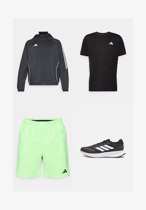 Černá sportovní bunda s kapucí, s bílými pruhy podél rukávů a s předním zipem. Vyrobena z hladkého, lehkého materiálu.; Černé bavlněné tričko s krátkým rukávem, kulatým výstřihem a bílým logem na levé hrudi. Hladká textura a jednoduchý design.; Světlé zelené sportovní kraťasy s elastickým pasem, bočními kapsami a černým logem Adidas na dolním levém okraji. Hladký, lehký materiál.; Černá sportovní obuv s prodyšným síťovaným svrškem, bílými akcenty a polstrovanou podrážkou. Na boku se nachází logo se třemi pruhy.