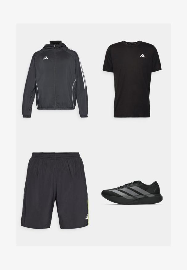 Chaqueta atlética negra con capucha, con rayas blancas a lo largo de las mangas y un cierre frontal con cremallera. Hecha de un tejido suave y ligero.; Camiseta de algodón negra con mangas cortas, cuello redondo y un logo blanco en el lado izquierdo del pecho. Textura suave y diseño sencillo.; Pantalones cortos deportivos negros con cintura elástica, que cuentan con una franja verde en el costado y un logo blanco en la parte inferior derecha. Textura suave.; Zapatillas deportivas negras con un diseño ligero, que presentan tres franjas grises prominentes, una textura suave y una suela contorneada.