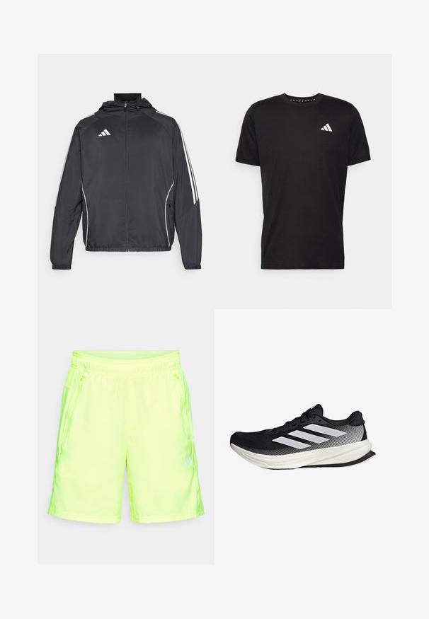Čierna športová bunda s kapucňou, ktorá má biele pruhy pozdĺž rukávov a zips v prednej časti. Vyrobená z hladkej, ľahkej tkaniny.; Čierne bavlnené tričko s krátkymi rukávmi, klasickým výstrihom a bielym logom na ľavej strane hrude. Hladká textúra a jednoduchý dizajn.; Neón žlté športové šortky vyrobené z hladkej, ľahkej tkaniny, ktorá má elastický pás a bočné vrecká so zipsom.; Čierna atletická topánka s dizajnom z mriežky, s bielymi prúžkami, zaoblenou špičkou a textúrovanou podrážkou pre lepšiu priľnavosť a podporu.