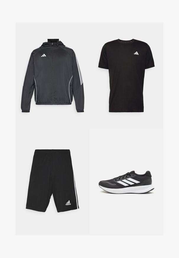 Black athletic jacket with a hood, featuring white stripes along the sleeves and a zippered front. Made from a smooth, lightweight fabric.; Black cotton t-shirt with short sleeves, crew neckline, and a white logo on the left chest. Smooth texture and simple design.; Black athletic shorts with a smooth texture, featuring white side stripes and a white logo on the lower right. Adjustable waistband.; Black athletic shoe with breathable mesh upper, white accents, and a cushioned sole. Features three stripes logo on the side.