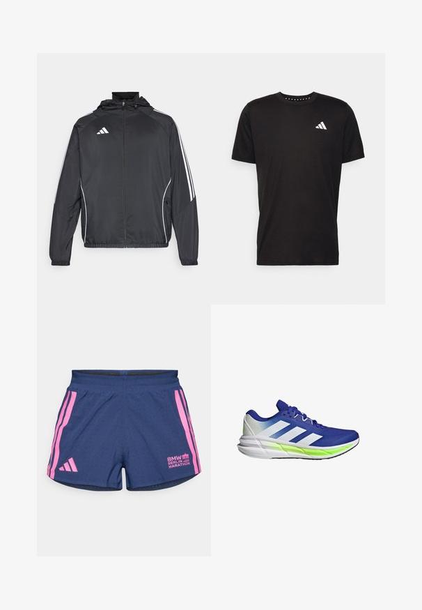 Schwarze Sportjacke mit Kapuze, ausgestattet mit weißen Streifen an den Ärmeln und einem Reißverschluss vorne. Hergestellt aus einem glatten, leichten Stoff.; Schwarzes Baumwoll-T-Shirt mit kurzen Ärmeln, Rundhalsausschnitt und einem weißen Logo auf der linken Brust. Glatte Textur und einfaches Design.; adidas Performance BER25 SPLIT SHORT - Kurze Sporthose - collegiate navy; Blauer Sportschuh mit weißen Akzenten, Mesh-Obermaterial und gepolsterter Sohle, die durch einen neongrünen Streifen hervorgehoben wird. Verfügt über ein geschwungenes Design.