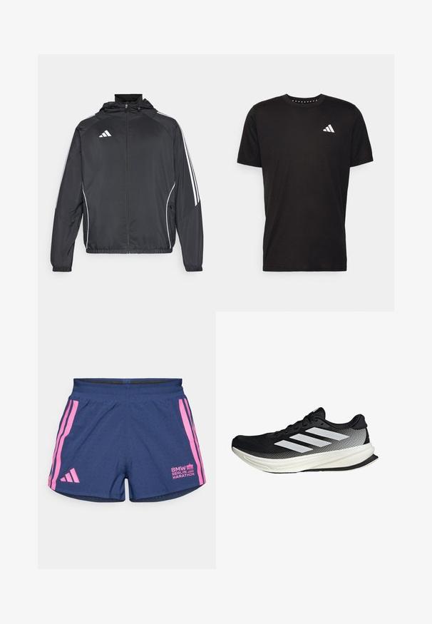 Schwarze Sportjacke mit Kapuze, ausgestattet mit weißen Streifen an den Ärmeln und einem Reißverschluss vorne. Hergestellt aus einem glatten, leichten Stoff.; Schwarzes Baumwoll-T-Shirt mit kurzen Ärmeln, Rundhalsausschnitt und einem weißen Logo auf der linken Brust. Glatte Textur und einfaches Design.; adidas Performance BER25 SPLIT SHORT - Kurze Sporthose - collegiate navy; Schwarzer Sportschuh mit einem Mesh-Design, ausgestattet mit weißen Streifen, einer runden Zehenpartie und einer strukturierten Sohle für Grip und Unterstützung.