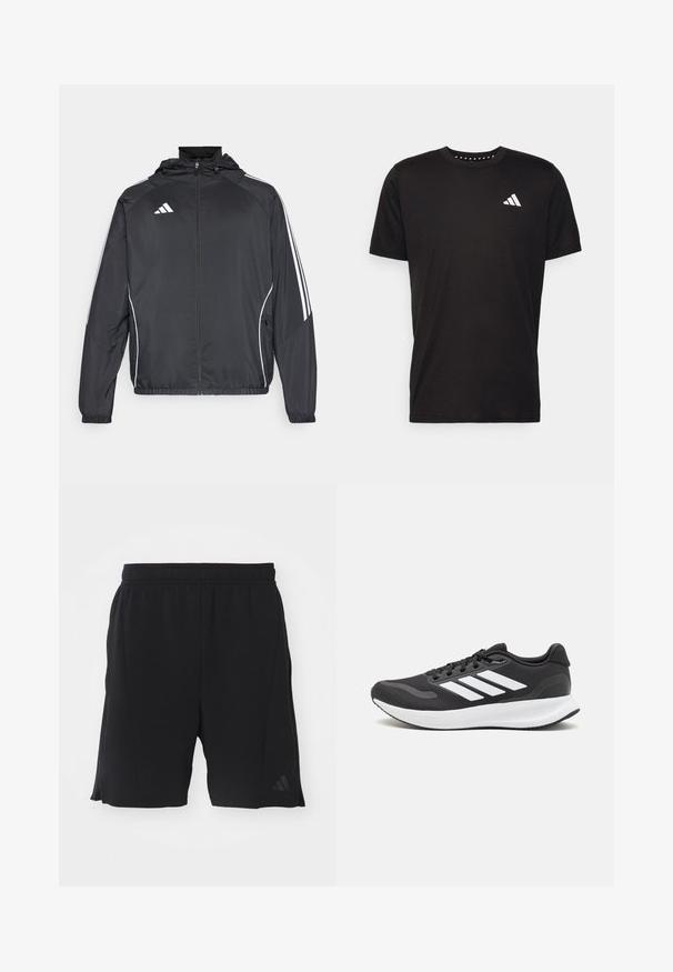 Crna atletska jakna s kapuljačom, s bijelim prugama duž rukava i zatvaranjem na zip. Izrađena od glatkog, laganog materijala.; Crna pamučna majica s kratkim rukavima, okruglim izrezom i bijelim logotipom na lijevoj strani prsnog koša. Glatka tekstura i jednostavan dizajn.; Crne atletske kratke hlače od laganog materijala s elastičnom gumom. Uključuju bočne proreze i suptilan logotip na lijevoj nozi.; Crne atletske tenisice s prozračnom mrežicom na gornjem dijelu, bijelim akcentima i mekanim potplatom. Imaju logo s tri pruge sa strane.