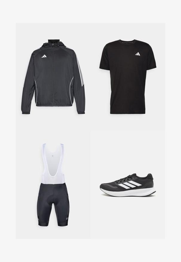 Černá sportovní bunda s kapucí, s bílými pruhy podél rukávů a s předním zipem. Vyrobena z hladkého, lehkého materiálu.; Černé bavlněné tričko s krátkým rukávem, kulatým výstřihem a bílým logem na levé hrudi. Hladká textura a jednoduchý design.; Černé cyklistické cyklonohavice s polstrovanou vložkou, bílé síťové ramínka a detail loga. Hladká textura, přiléhavý tvar a dvě boční kapsy.; Černá sportovní obuv s prodyšným síťovaným svrškem, bílými akcenty a polstrovanou podrážkou. Na boku se nachází logo se třemi pruhy.