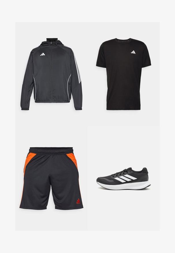 Juodas sportinis džemperis su kapišonu, turintis baltas juosteles palei rankoves ir užtrauktuką priekyje. Pagamintas iš lygaus, lengvo audinio.; Juodas medvilnės marškinėliai trumpomis rankovėmis, su apvalia iškirpte ir balta logo kairiajame krūtinės šone. Lygus tekstūra ir paprastas dizainas.; Juodi sportiniai šortai, pagaminti iš kvėpuojančios medžiagos, su oranžiniais šonų paneliais ir išsiuvinėtu raudonu logotipu kairėje apatinėje kojoje.; Juodas sportinis batelis su orui pralaidžia mėgintuvėliu, baltomis akcentais ir paminkštintu padu. Šone yra trijų juostų logotipas.