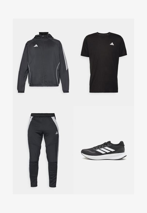 Fekete sportos dzseki kapucnival, fehér csíkokkal az ujjak mentén és cipzáras elülső résszel. Simább, könnyű anyagból készült.; Fekete pamut póló rövid ujjal, kerek nyakkivágással, bal mellrészen fehér logóval. Sima textúra és egyszerű dizájn.; Fekete sportnadrág, mely texturált anyagból készült, szürke oldalsó panelek, rugalmas derékpánt és három fehér kiemelő csík található az oldalán.; Fekete sportcipő légáteresztő hálós felsőrésszel, fehér kiegészítőkkel és párnázott talppal. Az oldalon három csíkkal ellátott logó található.