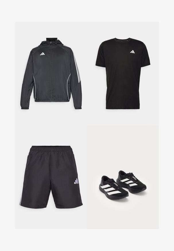 Musta urheilu takki hupulla, jossa on valkoiset raidat hihoissa ja vetoketjuzulu etupuolella. Valmistettu sileästä, kevyestä kankaasta.; Musta puuvillapaita lyhyillä hihoilla, pyöreä pääntie ja valkoinen logo vasemmassa rinnassa. Sujuva rakenne ja yksinkertainen muotoilu.; Mustat urheilushortsit, joissa on joustava vyötärö, varustettuna kolmella valkoisella pystysuoralla raidalla kummallakin puolella ja pienellä valkoisella логolla vasemmassa alakulmassa.; Mustat Adidas Adizero -juoksukengät valkoisilla raidoilla ja nauhoilla valkoista taustaa vasten, aseteltuna vierekkäin.