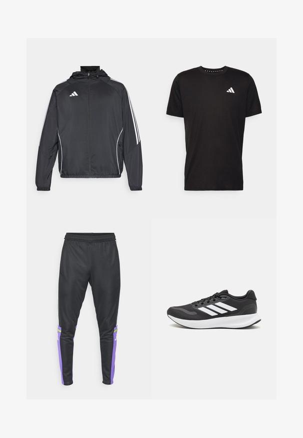 Čierna športová bunda s kapucňou, ktorá má biele pruhy pozdĺž rukávov a zips v prednej časti. Vyrobená z hladkej, ľahkej tkaniny.; Čierne bavlnené tričko s krátkymi rukávmi, klasickým výstrihom a bielym logom na ľavej strane hrude. Hladká textúra a jednoduchý dizajn.; adidas Performance SQUADRA25 TRAINING PANT - Tepláky - black/purple rush; Čierna športová obuv s priedušným sieťovaným zvrškom, bielymi akcentmi a polstrovanou podrážkou. Na bočnej strane sa nachádza logo so tromi pruhmi.