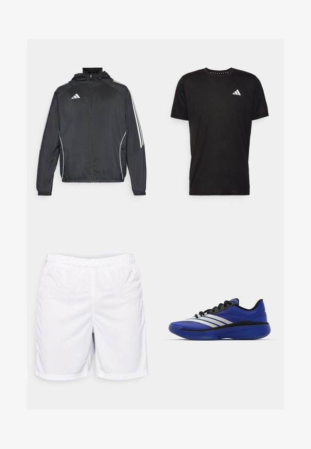 Juodas sportinis džemperis su kapišonu, turintis baltas juosteles palei rankoves ir užtrauktuką priekyje. Pagamintas iš lygaus, lengvo audinio.; Juodas medvilnės marškinėliai trumpomis rankovėmis, su apvalia iškirpte ir balta logo kairiajame krūtinės šone. Lygus tekstūra ir paprastas dizainas.; Balti sportiniai šortai pagaminti iš lengvos medžiagos, su elastingu juosmeniu, plokščiomis siūlėmis ir paprastu dizainu, be kišenių.; adidas Performance ADIZERO SELECT 3.0 - Krepšinio batai - lucid blue/core black/metallic