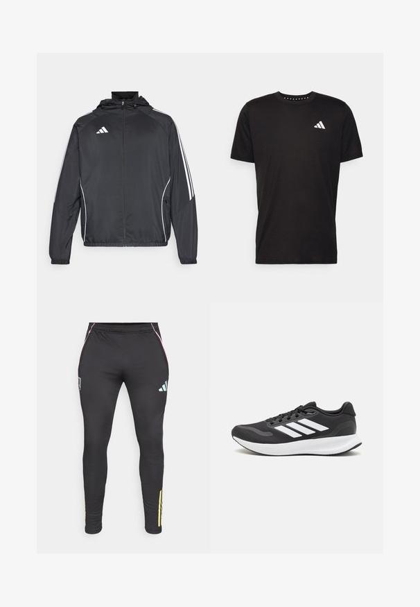 Svart sportsjakke med hette, med hvite striper langs ermene og glidelås foran. Laget av et glatt, lett stoff.; Svart bomulls t-skjorte med korte ermer, rund hals og en hvit logo på venstre bryst. Glatt tekstur og enkelt design.; Sorte treningser med en tettsittende design, som har rosa og turkise detaljer, sidelommer og gule striper nær anklene.; Svarte sportsko med pustende mesh-overdel, hvite detaljer og en polstret såle. Har tre striper-logo på siden.