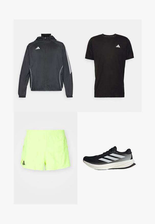 Schwarze Sportjacke mit Kapuze, ausgestattet mit weißen Streifen an den Ärmeln und einem Reißverschluss vorne. Hergestellt aus einem glatten, leichten Stoff.; Schwarzes Baumwoll-T-Shirt mit kurzen Ärmeln, Rundhalsausschnitt und einem weißen Logo auf der linken Brust. Glatte Textur und einfaches Design.; Neon-gelbe Sportshorts mit einem elastischen Bund, seitlichen Taschen und einem schwarzen Logo unten links. Glattes, leichtes Material.; Schwarzer Sportschuh mit einem Mesh-Design, ausgestattet mit weißen Streifen, einer runden Zehenpartie und einer strukturierten Sohle für Grip und Unterstützung.