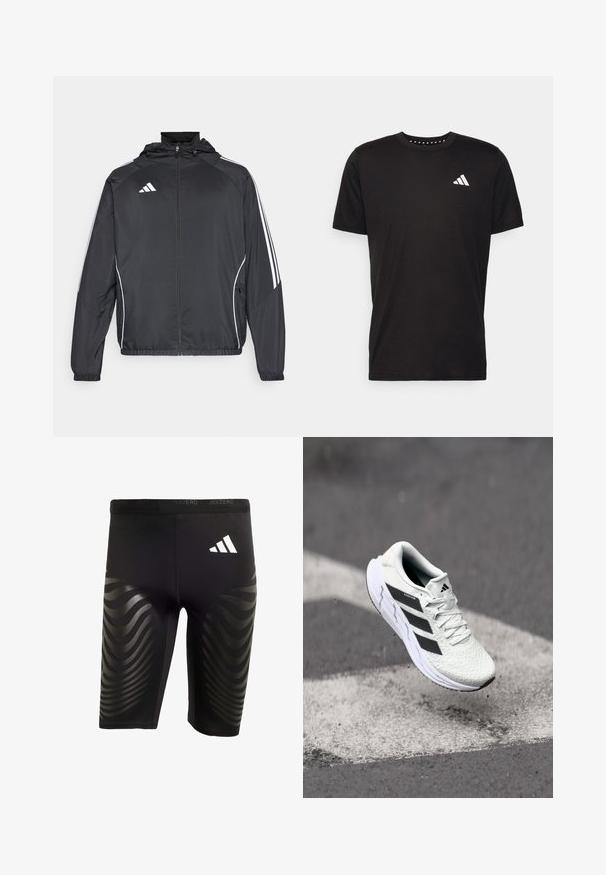 Czarna sportowa kurtka z kapturem, z białymi paskami wzdłuż rękawów i zasuwanym przodem. Wykonana z gładkiego, lekkiego materiału.; Czarna bawełniana koszulka z krótkim rękawem, okrągłym dekoltem i białym logo na lewej piersi. Gładka tekstura i prosty design.; Czarne spodenki sportowe z elastycznym dopasowaniem, z połyskującym wzorem fal na bokach oraz białym logo na pasku.; Białe buty sportowe z teksturowaną siateczką, czarnymi paskami, z zapięciem na sznurowadła i wyściełaną podeszwą, unoszące się nad oznaczoną nawierzchnią drogi.
