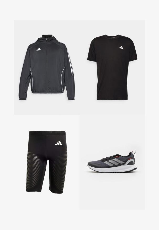 Black athletic jacket with a hood, featuring white stripes along the sleeves and a zippered front. Made from a smooth, lightweight fabric.; Black cotton t-shirt with short sleeves, crew neckline, and a white logo on the left chest. Smooth texture and simple design.; Black athletic shorts with a stretchy fit, featuring a glossy wave pattern on the sides and a white logo on the waistband.; Running shoes in black with gray accents. Features a textured upper, sturdy sole, and reflective stripes. Lightweight design with a cushioned midsole.