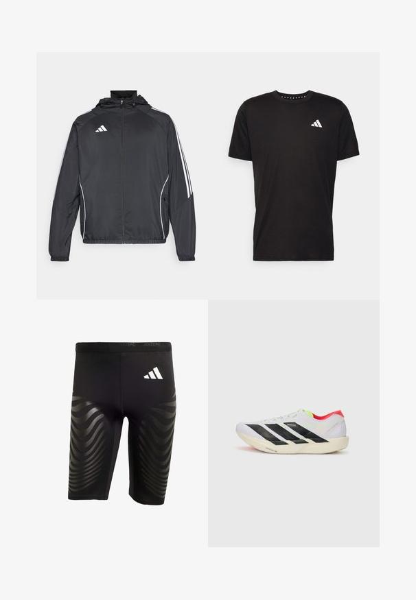 Black athletic jacket with a hood, featuring white stripes along the sleeves and a zippered front. Made from a smooth, lightweight fabric.; Black cotton t-shirt with short sleeves, crew neckline, and a white logo on the left chest. Smooth texture and simple design.; Black athletic shorts with a stretchy fit, featuring a glossy wave pattern on the sides and a white logo on the waistband.; White running shoe with black stripes, neon green accents, and a red heel. Features a lightweight design and textured sole for grip.