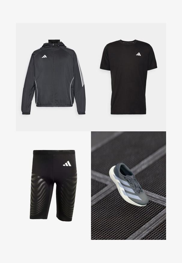 Črna športna jakna s kapuco, z belimi črtami ob rokavih in z zadrgo spredaj. Narejena iz gladkega, lahkega materiala.; Črna bombažna majica s kratkimi rokavi, okroglim izrezom in belim logotipom na levem prsnem predelu. Gladka tekstura in preprost dizajn.; Črne športne kratke hlače z raztegljivim fitom, s sijajno valovito strukturo na straneh in belim logotipom na pasu.; Športna obutev v sivi in beli barvi, izdelana iz sintetičnega materiala, z aerodinamičnim dizajnom, teksturirano površino in izrazitim sistemom vezalk.