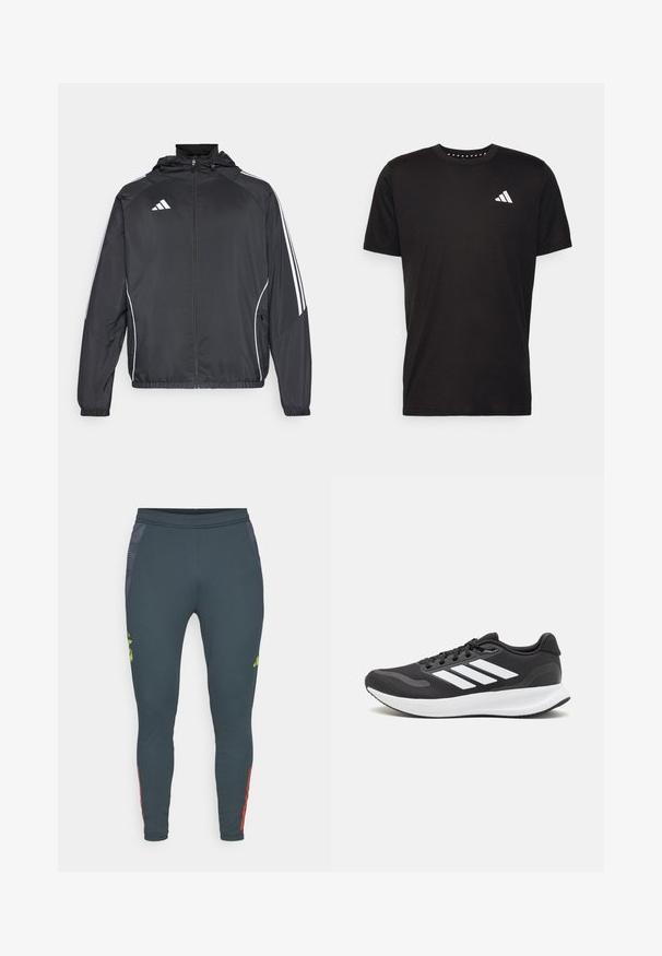 Zwarte sportjack met capuchon, voorzien van witte strepen langs de mouwen en een ritssluiting aan de voorkant. Gemaakt van een gladde, luchtige stof.; Zwarte katoenen t-shirt met korte mouwen, ronde hals en een wit logo op de linkerkant van de borst. Gladde textuur en eenvoudig ontwerp.; Strakke donkergrijze sportbroeken met een soepele textuur; voorzien van mesh zijpanelen, een neon groene logo en rode accentstrepen langs de onderbenen.; Zwart sportief schoen met ademend mesh bovenwerk, witte accenten en een gevoerde zool. Beschikt over een logo met drie strepen aan de zijkant.