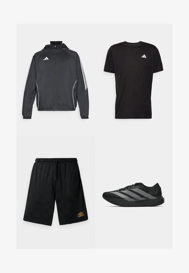 Svart sportsjakke med hette, med hvite striper langs ermene og glidelås foran. Laget av et glatt, lett stoff.; Svart bomulls t-skjorte med korte ermer, rund hals og en hvit logo på venstre bryst. Glatt tekstur og enkelt design.; Sorte sportsshorts med subtil rutete mønster, elastisk midjebånd med snor, gull Umbro-logo på nedre del av benet, og gullsider. ; Sorte svarte treningssko med lett design, med tre fremtredende grå striper, en glatt tekstur og en formet såle.