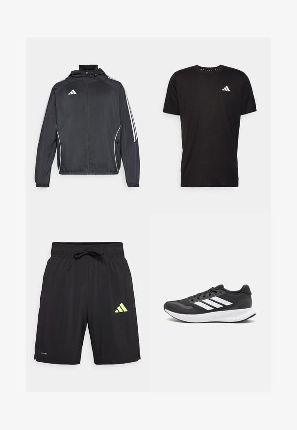 Zwarte sportjack met capuchon, voorzien van witte strepen langs de mouwen en een ritssluiting aan de voorkant. Gemaakt van een gladde, luchtige stof.; Zwarte katoenen t-shirt met korte mouwen, ronde hals en een wit logo op de linkerkant van de borst. Gladde textuur en eenvoudig ontwerp.; Zwarte sportshorts gemaakt van lichtgewicht stof, met een trekkoord in de taille en een neongele Adidas-logo aan de onderzijde rechts.; Zwart sportief schoen met ademend mesh bovenwerk, witte accenten en een gevoerde zool. Beschikt over een logo met drie strepen aan de zijkant.