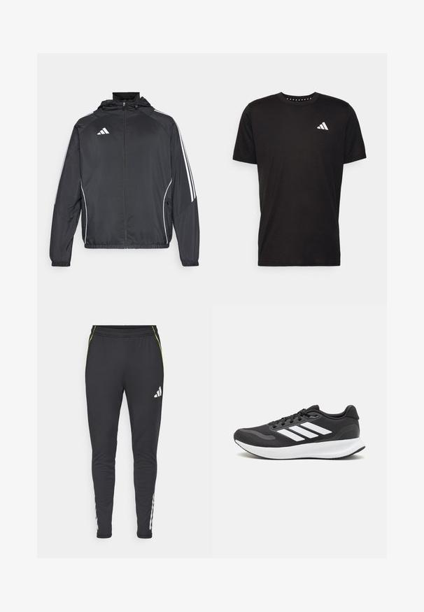 Melnā sporta jaka ar kapuci, ar baltām svītrām pa piedurknēm un ar rāvējslēdzēju priekšpusē. Izgatavota no gludas, vieglas auduma.; Melna kokvilnas t-krekls ar īsām piedurknēm, apaļu dekoltē un balto logo uz kreisā krūts. Gluda tekstūra un vienkāršs dizains.; Melnas sporta bikses ar pieguļošu piegriezumu, kurām ir balta logo, zaļi akcenti un baltas svītras sānos gar apakšējām kājām. Mīksta auduma tekstūra.; Melnas sporta kurpes ar elpojošu acs augšu, baltām akcentiem un mīkstu zoli. Sānā ir trīs svītru logo.
