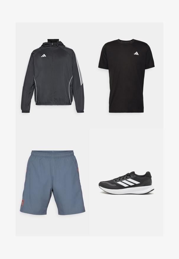 Schwarze Sportjacke mit Kapuze, ausgestattet mit weißen Streifen an den Ärmeln und einem Reißverschluss vorne. Hergestellt aus einem glatten, leichten Stoff.; Schwarzes Baumwoll-T-Shirt mit kurzen Ärmeln, Rundhalsausschnitt und einem weißen Logo auf der linken Brust. Glatte Textur und einfaches Design.; Graue Sportshorts mit elastischem Taillenbund, Seitentaschen und rotem Logodetail am linken Bein. Leichtes, glattes Material mit subtiler Schimmerung.; Schwarzer Sportschuh mit atmungsaktivem Mesh-Obermaterial, weißen Akzenten und einer gepolsterten Sohle. Mit drei Streifen-Logo an der Seite.
