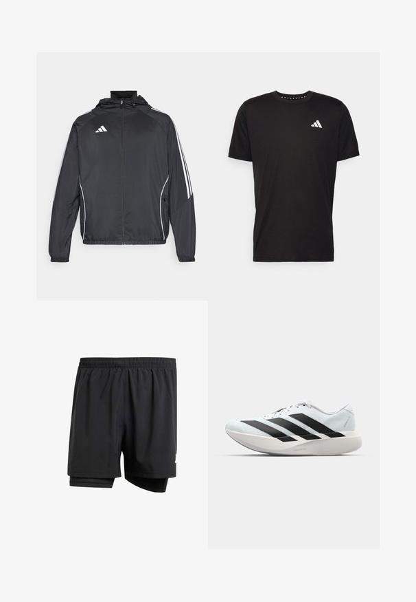 Musta urheilu takki hupulla, jossa on valkoiset raidat hihoissa ja vetoketjuzulu etupuolella. Valmistettu sileästä, kevyestä kankaasta.; Musta puuvillapaita lyhyillä hihoilla, pyöreä pääntie ja valkoinen logo vasemmassa rinnassa. Sujuva rakenne ja yksinkertainen muotoilu.; Mustat urheilushortsit, joissa on elastinen vyötärönauha, sisävuori ja pieni logo yksityiskohta sivussa. Kevyt kangas ja väljä malli.; Kevyt juoksukengät vaaleansinisinä mustilla raidoilla. Ominaisuuksiin kuuluu sileä pinta, pyöreä kärki ja paksu valkoinen välipohja, joka on merkitty "LIGHTSTRIKE PRO".