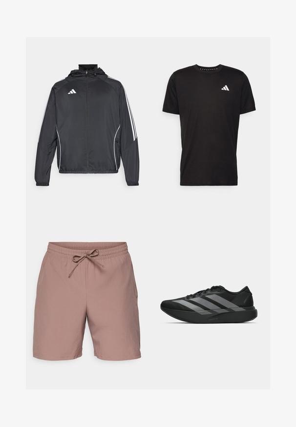 Giacca atletica nera con cappuccio, caratterizzata da strisce bianche lungo le maniche e chiusura con zip frontale. Realizzata in un tessuto liscio e leggero.; T-shirt in cotone nero con maniche corte, scollo rotondo e logo bianco sul lato sinistro del petto. Texture liscia e design semplice.; Shorts rosa chiaro realizzati in tessuto morbido, dotati di una vita elasticizzata con coulisse, tasche laterali e design a vestibilità comoda.; Scarpe sportive nere con un design leggero, caratterizzate da tre strisce grigie prominenti, una superficie liscia e una suola sagomata.