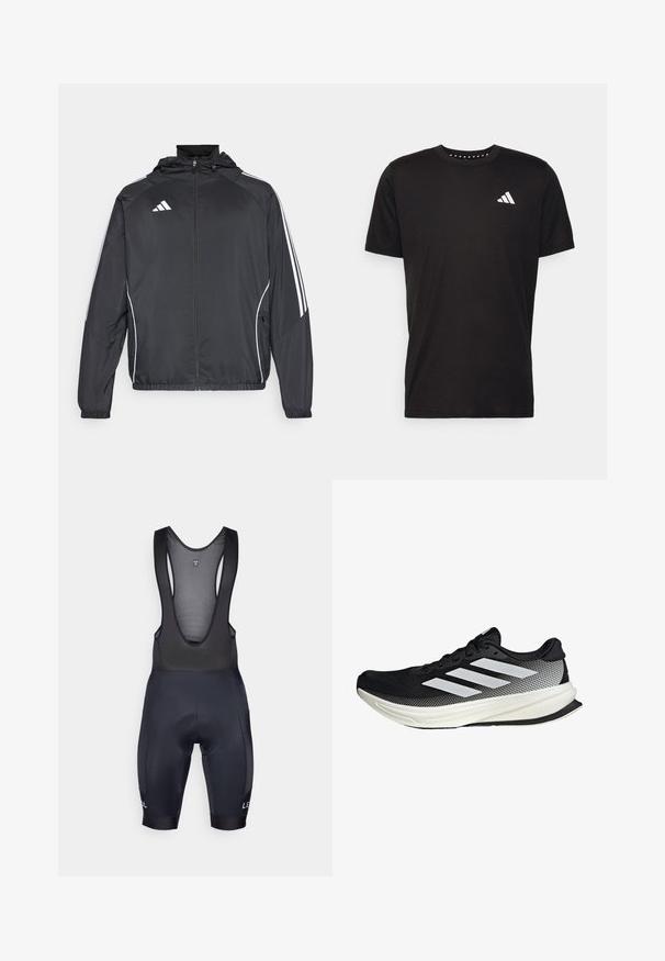 Černá sportovní bunda s kapucí, s bílými pruhy podél rukávů a s předním zipem. Vyrobena z hladkého, lehkého materiálu.; Černé bavlněné tričko s krátkým rukávem, kulatým výstřihem a bílým logem na levé hrudi. Hladká textura a jednoduchý design.; Černé cyklistické kraťasy s šlemi z prodyšného materiálu, polstrovaným sedadlem a elastickými manžetami. Na levé nohavici se nachází logo a mají těsný, aerodynamický design.; Černá sportovní boty s síťovaným designem, s bílými pruhy, zaoblenou špičkou a texturovanou podrážkou pro lepší přilnavost a oporu.