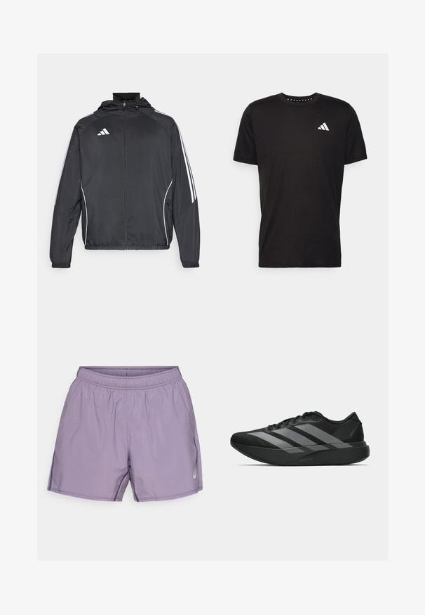 Schwarze Sportjacke mit Kapuze, ausgestattet mit weißen Streifen an den Ärmeln und einem Reißverschluss vorne. Hergestellt aus einem glatten, leichten Stoff.; Schwarzes Baumwoll-T-Shirt mit kurzen Ärmeln, Rundhalsausschnitt und einem weißen Logo auf der linken Brust. Glatte Textur und einfaches Design.; Lila Sportshorts mit elastischem Bund, glatter Textur, Seitentaschen und einem kleinen Logo-Detail.; Schwarze Sportschuhe mit einem leichten Design, ausgestattet mit drei auffälligen grauen Streifen, einer glatten Textur und einer konturierten Sohle.