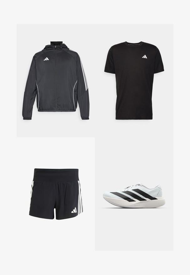 Melnā sporta jaka ar kapuci, ar baltām svītrām pa piedurknēm un ar rāvējslēdzēju priekšpusē. Izgatavota no gludas, vieglas auduma.; Melna kokvilnas t-krekls ar īsām piedurknēm, apaļu dekoltē un balto logo uz kreisā krūts. Gluda tekstūra un vienkāršs dizains.; Melni sporta šorti ar teksturētu audumu, kas piedāvā plašu jostu un trīs vertikālas baltas svītras sānos. adidas logo apakšmalā.; Gaiši zili vieglie skriešanas apavi ar melniem svītrainiem. Iezīmēti ar gludu augšpusi, apaļu purngalu un biezāko balto vidējo zoli, kurā ir uzraksts "LIGHTSTRIKE PRO."