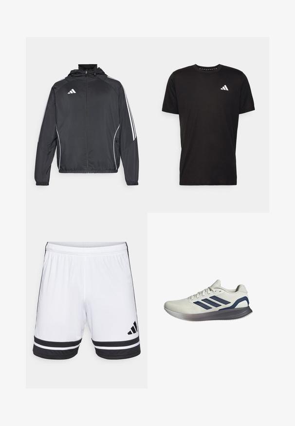 Black athletic jacket with a hood, featuring white stripes along the sleeves and a zippered front. Made from a smooth, lightweight fabric.; Black cotton t-shirt with short sleeves, crew neckline, and a white logo on the left chest. Smooth texture and simple design.; White athletic shorts with black horizontal stripes at the hem and black Adidas logo. Elastic waistband for adjustable fit.; Light gray athletic shoe with a textured mesh upper, navy three-stripe design, and a gray rubber sole with ergonomic shape.