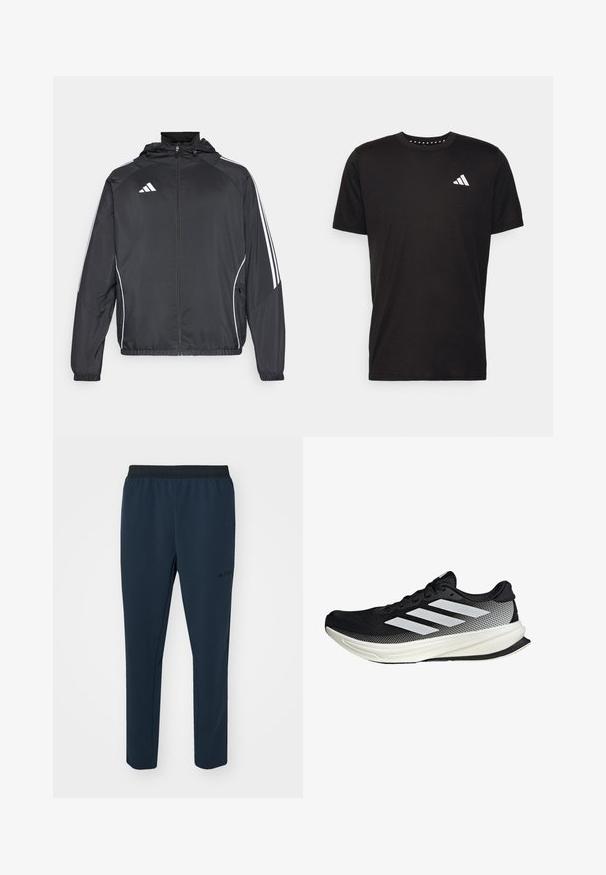 Black athletic jacket with a hood, featuring white stripes along the sleeves and a zippered front. Made from a smooth, lightweight fabric.; Black cotton t-shirt with short sleeves, crew neckline, and a white logo on the left chest. Smooth texture and simple design.; adidas Terrex MT - Tracksuit bottoms - aurora ink; Black athletic shoe with a mesh design, featuring white stripes, a rounded toe, and a textured sole for grip and support.