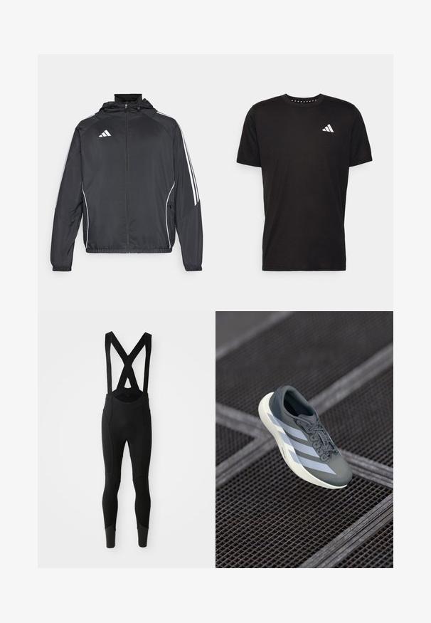 Crna atletska jakna s kapuljačom, s bijelim prugama duž rukava i zatvaranjem na zip. Izrađena od glatkog, laganog materijala.; Crna pamučna majica s kratkim rukavima, okruglim izrezom i bijelim logotipom na lijevoj strani prsnog koša. Glatka tekstura i jednostavan dizajn.; Crne biciklističke tajice s podešavnim X-oblikovanim naramenicama, teksturiranim panelima i uskim nogavicama koje se sužavaju kod gležnjeva.; Sportska cipela u sivoj i bijeloj boji, izrađena od sintetičkog materijala, s aerodinamičnim dizajnom, teksturiranom površinom i istaknutim sistemom vezivanja.