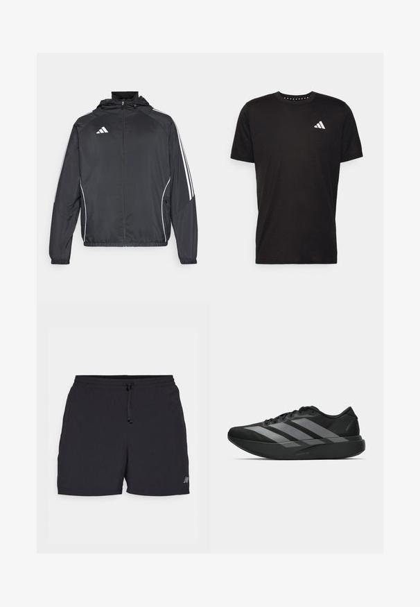 Zwarte sportjack met capuchon, voorzien van witte strepen langs de mouwen en een ritssluiting aan de voorkant. Gemaakt van een gladde, luchtige stof.; Zwarte katoenen t-shirt met korte mouwen, ronde hals en een wit logo op de linkerkant van de borst. Gladde textuur en eenvoudig ontwerp.; Zwarte sportieve shorts gemaakt van lichtgewicht stof. Beschikt over een elastische tailleband met trekkoord, zijzakken en een klein logoaccent.; Zwarte sportieve schoenen met een lichtgewicht ontwerp, voorzien van drie opvallende grijze strepen, een gladde textuur en een gevormde zool.