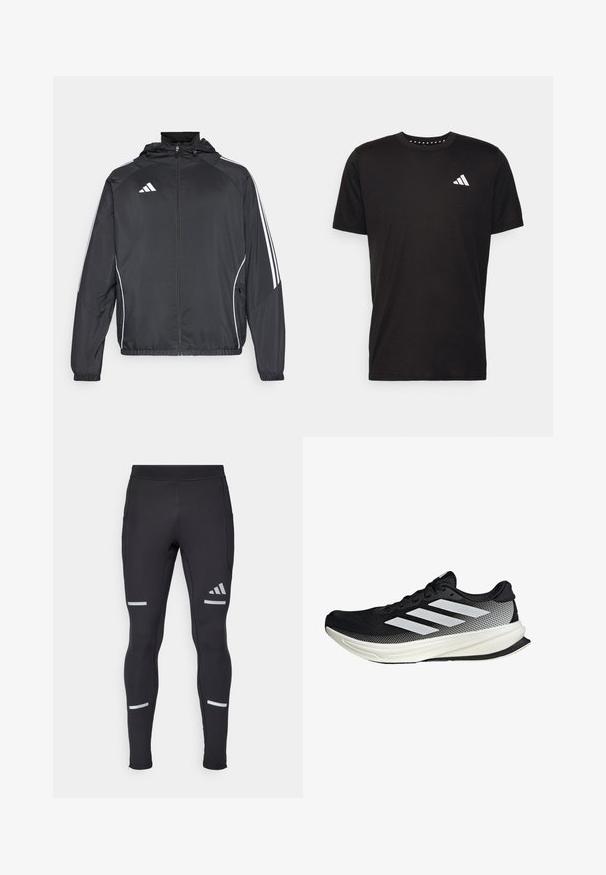 Zwarte sportjack met capuchon, voorzien van witte strepen langs de mouwen en een ritssluiting aan de voorkant. Gemaakt van een gladde, luchtige stof.; Zwarte katoenen t-shirt met korte mouwen, ronde hals en een wit logo op de linkerkant van de borst. Gladde textuur en eenvoudig ontwerp.; Zwarte sportleggingen met een aansluitend ontwerp, gemaakt van rekbaar materiaal. Voorzien van reflecterende accenten en ritsen aan de enkels voor functionaliteit.; Zwarte sportieve schoen met een mesh ontwerp, voorzien van witte strepen, een ronde neus en een gestructureerde zool voor grip en ondersteuning.