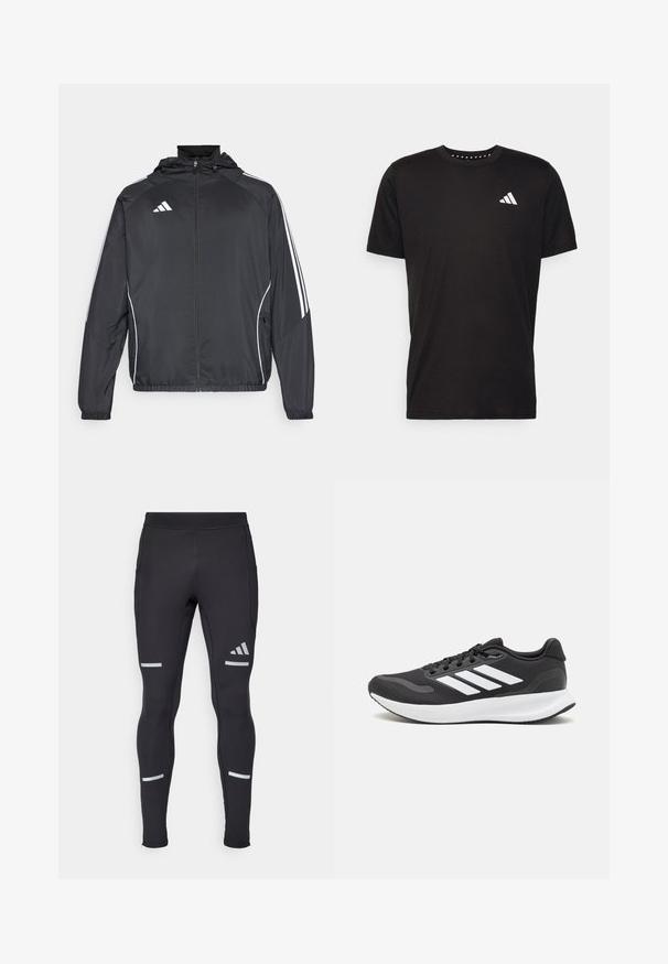 Czarna sportowa kurtka z kapturem, z białymi paskami wzdłuż rękawów i zasuwanym przodem. Wykonana z gładkiego, lekkiego materiału.; Czarna bawełniana koszulka z krótkim rękawem, okrągłym dekoltem i białym logo na lewej piersi. Gładka tekstura i prosty design.; Czarne legginsy sportowe o dopasowanym kroju, wykonane z elastycznego materiału. Posiadają odblaskowe akcenty i suwakowe mankiety dla lepszej funkcjonalności.; Czarne buty sportowe z oddychającą siateczką, białymi akcentami i wyściełaną podeszwą. Posiadają logo w postaci trzech pasków po boku.