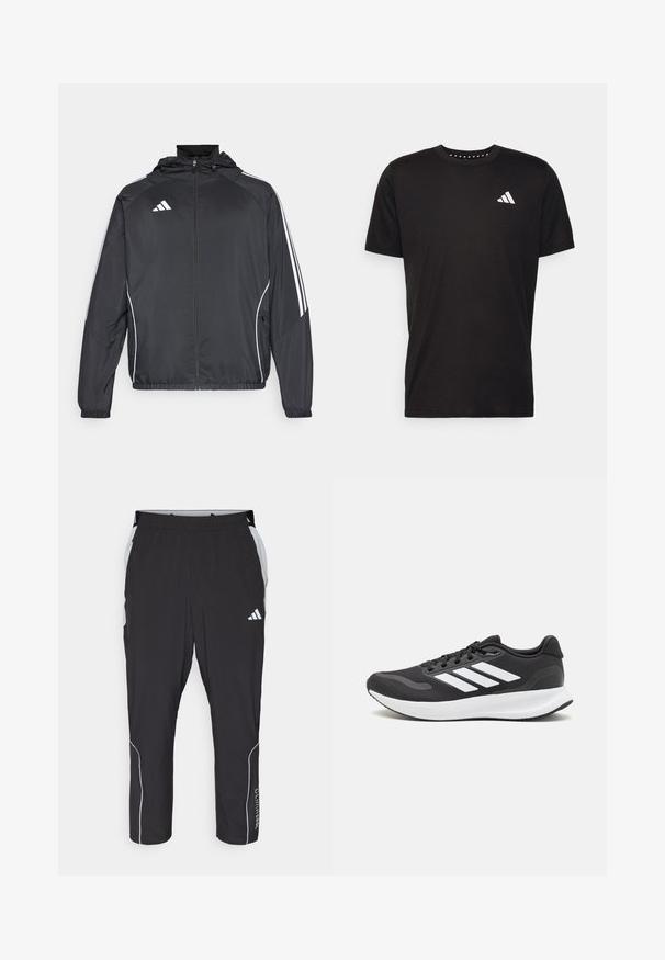 Sort atletisk jakke med hætte, med hvide striber langs ærmerne og lynlås foran. Lavet af et glat, let materiale.; Sort bomulds T-shirt med korte ærmer, rund hals og et hvidt logo på venstre bryst. Glat tekstur og enkelt design.; Sorte træningsbukser med elastisk talje, grå sidelæg, hvid reflekterende detaljering og "Climacool" tekst langs underbenet.; Sort atletik sko med åndbart mesh-overdel, hvide accenter og en polstret sål. Har tre-stripes logo på siden.