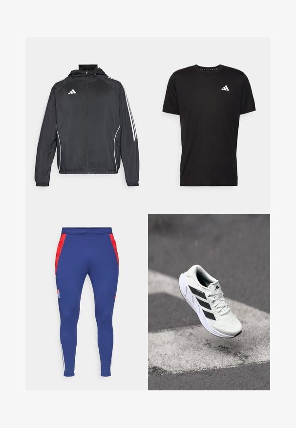 Sort atletisk jakke med hætte, med hvide striber langs ærmerne og lynlås foran. Lavet af et glat, let materiale.; Sort bomulds T-shirt med korte ærmer, rund hals og et hvidt logo på venstre bryst. Glat tekstur og enkelt design.; Marineblå træningsbukser med røde sidelister, et logo på låret og hvide striber ved anklerne. Lavet af et strækbart, glat stof.; Hvid atletisk sko med tekstureret netoverdel, sorte striber, snørebåndslukning og en polstret sål, som svæver over en markeret vejoverflade.