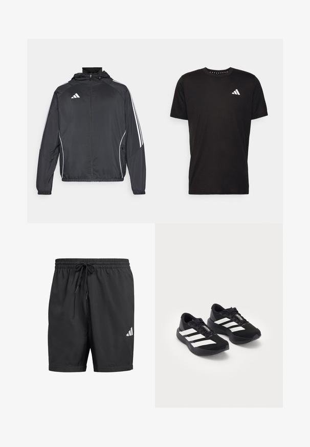 Schwarze Sportjacke mit Kapuze, ausgestattet mit weißen Streifen an den Ärmeln und einem Reißverschluss vorne. Hergestellt aus einem glatten, leichten Stoff.; Schwarzes Baumwoll-T-Shirt mit kurzen Ärmeln, Rundhalsausschnitt und einem weißen Logo auf der linken Brust. Glatte Textur und einfaches Design.; Schwarze Sportshorts aus leichtem Material, mit einem elastischen Bund und Kordelzug sowie einem weißen Adidas-Logo auf der unteren rechten Seite.; Ein Paar schwarze Adidas Adizero Laufschuhe mit weißen Streifen und Schnürsenkeln auf weißem Hintergrund, nebeneinander positioniert.
