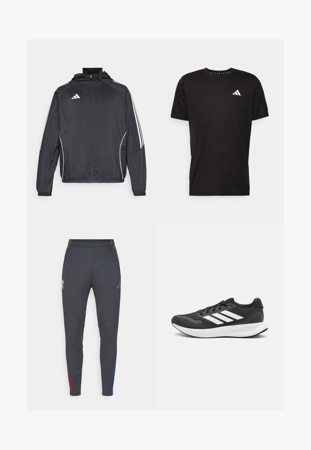 Black athletic jacket with a hood, featuring white stripes along the sleeves and a zippered front. Made from a smooth, lightweight fabric.; Black cotton t-shirt with short sleeves, crew neckline, and a white logo on the left chest. Smooth texture and simple design.; Gray athletic pants with a slim fit, featuring red and blue side accents, an elastic waistband, and embroidered logo on the front.; Black athletic shoe with breathable mesh upper, white accents, and a cushioned sole. Features three stripes logo on the side.