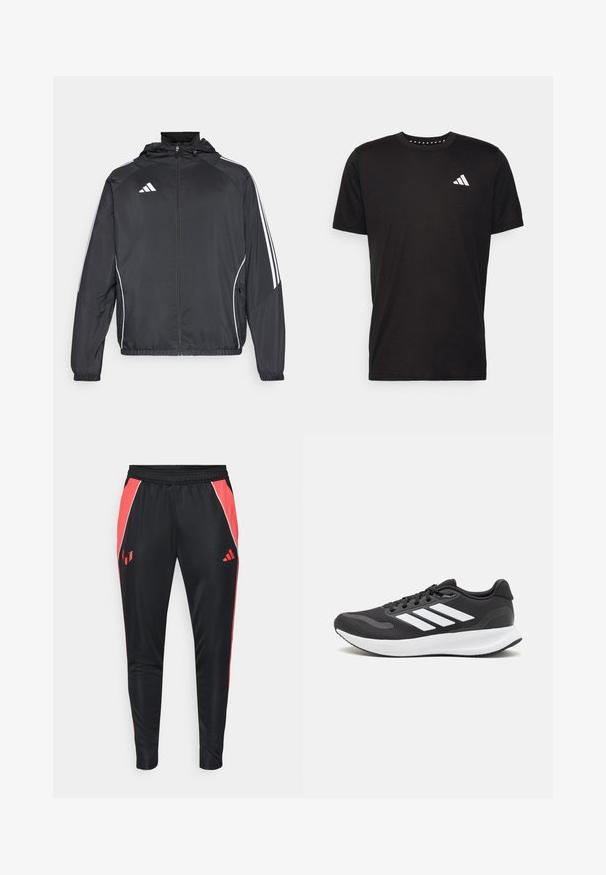 Jachetă sport neagră cu glugă, decorată cu dungi albe pe mâneci și cu fermoar în față. Fabricată dintr-un material neted și ușor.; Tricou negru din bumbac, cu mâneci scurte, de tip crew neckline, cu un logo alb pe pieptul stâng. Textură netedă și design simplu.; Pantaloni sport negru cu panouri laterale roșii, talie elastică și dungi albe de accent. Include logo pe coapsa stângă. Fabricat dintr-un material neted și ușor.; Pantof cu aspect sport de culoare neagră, cu un upper din plasă respirabilă, accente albe și o talpă amortizată. Include logo-ul cu trei dungi pe lateral.