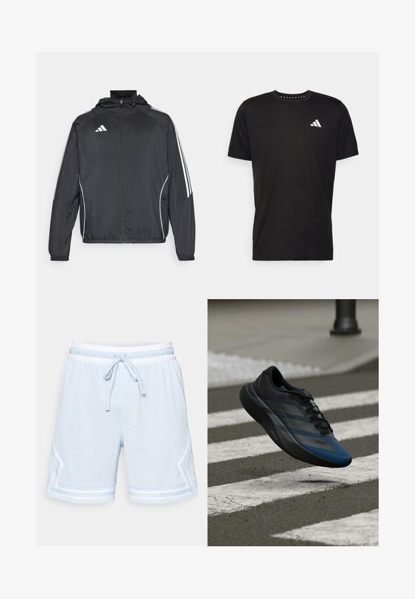 Černá sportovní bunda s kapucí, s bílými pruhy podél rukávů a s předním zipem. Vyrobena z hladkého, lehkého materiálu.; Černé bavlněné tričko s krátkým rukávem, kulatým výstřihem a bílým logem na levé hrudi. Hladká textura a jednoduchý design.; Světle modré síťované šortky vyrobené z lehké, prodyšné látky. Mají elastický pas s šňůrkou a bílé ozdobné pruhy.; Černá a modrá sportovní obuv s aerodynamickým designem, s texturovaným svrškem, kontrastními pruhy a polstrovanou podešví, visící nad chodníkem.
