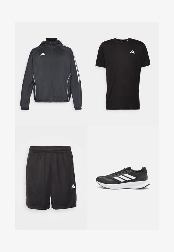 Juodas sportinis džemperis su kapišonu, turintis baltas juosteles palei rankoves ir užtrauktuką priekyje. Pagamintas iš lygaus, lengvo audinio.; Juodas medvilnės marškinėliai trumpomis rankovėmis, su apvalia iškirpte ir balta logo kairiajame krūtinės šone. Lygus tekstūra ir paprastas dizainas.; Juodos sportinės šortai, pagaminti iš lygios medžiagos, su elastingu juosmeniu, šoninėmis kišenėmis ir baltu Adidas logotipu apatinėje dešinėje pusėje.; Juodas sportinis batelis su orui pralaidžia mėgintuvėliu, baltomis akcentais ir paminkštintu padu. Šone yra trijų juostų logotipas.