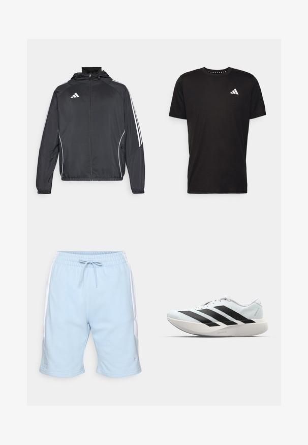 Melnā sporta jaka ar kapuci, ar baltām svītrām pa piedurknēm un ar rāvējslēdzēju priekšpusē. Izgatavota no gludas, vieglas auduma.; Melna kokvilnas t-krekls ar īsām piedurknēm, apaļu dekoltē un balto logo uz kreisā krūts. Gluda tekstūra un vienkāršs dizains.; Gaiši zili sporta šorti ar baltām sānu malām, elastīgu jostu, auklu un izšuvumu uz apakšmalas. Mīksta auduma tekstūra.; Gaiši zili vieglie skriešanas apavi ar melniem svītrainiem. Iezīmēti ar gludu augšpusi, apaļu purngalu un biezāko balto vidējo zoli, kurā ir uzraksts "LIGHTSTRIKE PRO."