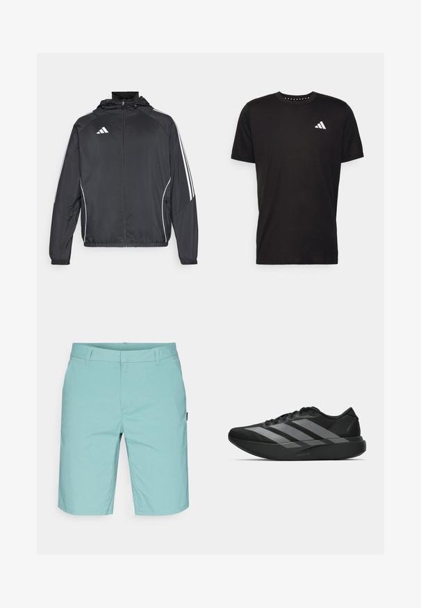 Must värvi sportlik jakk kapuutsiga, millel on valged triibud varrukatel ja lukuga esiosa. Valmistatud siledast, kergest kangast.; Must must ka t-särk lühikeste varrukatega, ümmarguse kaelusega ja valge logoga vasakul rinnal. Sile tekstuur ja lihtne disain.; Heledad sinine lühike püksid sujuva materjaliga, millel on lame etteosa, vöörihmade aasad ja küljetaskud; põlveni ulatuvad, peene läikega.; Must have mustangid! Need light and trendy athletic shoes? These black sneakers have a streamlined design featuring three large hallal gray stripes. Their smooth texture and ergonomically contoured sole provide ultimate comfort.