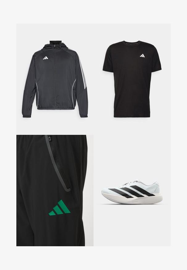 Črna športna jakna s kapuco, z belimi črtami ob rokavih in z zadrgo spredaj. Narejena iz gladkega, lahkega materiala.; Črna bombažna majica s kratkimi rokavi, okroglim izrezom in belim logotipom na levem prsnem predelu. Gladka tekstura in preprost dizajn.; Črne atletske hlače iz gladkega materiala, s potezami zelene barve na logotipu Adidas in žepom z zadrgo ter kontrastnim robom.; Lahki tekaški čevlji v svetlo modri barvi z belimi črtami. Imajo gladek zgornji del, okroglo kapico in debel bel srednji podplat z označbo "LIGHTSTRIKE PRO."