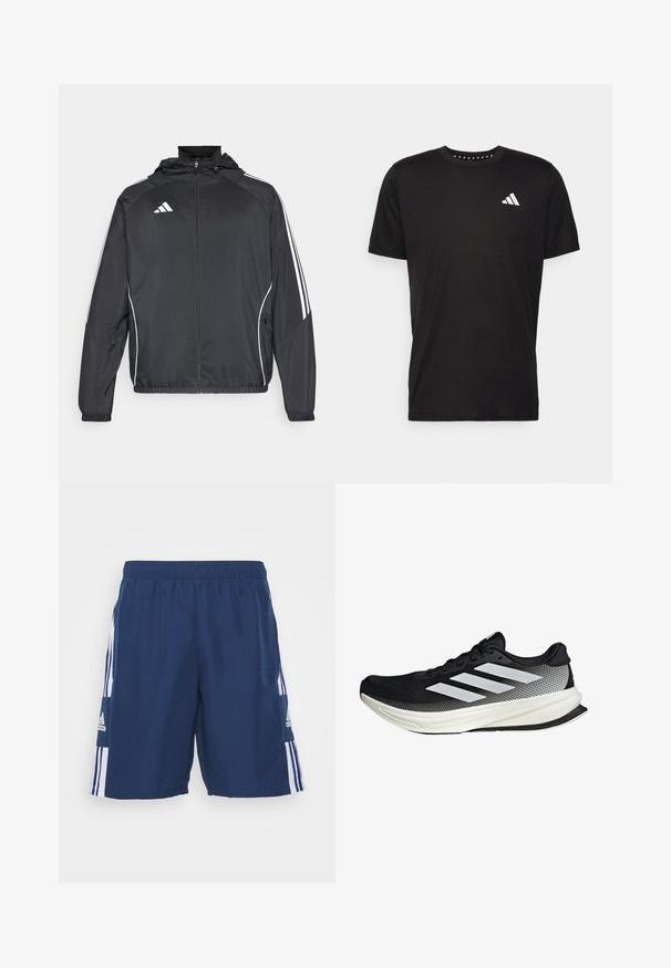 Schwarze Sportjacke mit Kapuze, ausgestattet mit weißen Streifen an den Ärmeln und einem Reißverschluss vorne. Hergestellt aus einem glatten, leichten Stoff.; Schwarzes Baumwoll-T-Shirt mit kurzen Ärmeln, Rundhalsausschnitt und einem weißen Logo auf der linken Brust. Glatte Textur und einfaches Design.; adidas Performance SQUADRA 21 DT SHORT - Kurze Sporthose - team navy blue/white; Schwarzer Sportschuh mit einem Mesh-Design, ausgestattet mit weißen Streifen, einer runden Zehenpartie und einer strukturierten Sohle für Grip und Unterstützung.