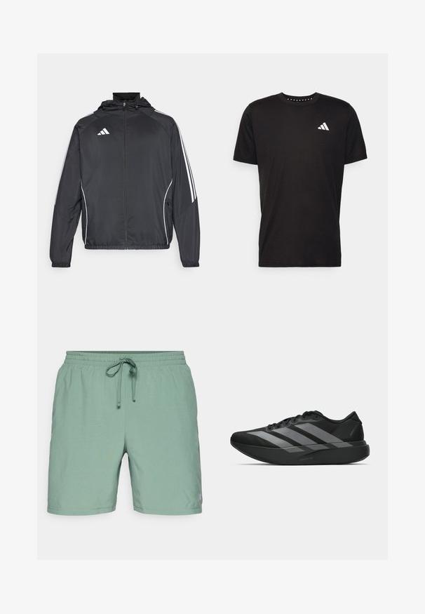 Schwarze Sportjacke mit Kapuze, ausgestattet mit weißen Streifen an den Ärmeln und einem Reißverschluss vorne. Hergestellt aus einem glatten, leichten Stoff.; Schwarzes Baumwoll-T-Shirt mit kurzen Ärmeln, Rundhalsausschnitt und einem weißen Logo auf der linken Brust. Glatte Textur und einfaches Design.; Hellgrüne Badeshorts mit einem elastischen Bund und Kordelzug. Glatte Textur, knielanges Design mit einem Logo an der Seite.; Schwarze Sportschuhe mit einem leichten Design, ausgestattet mit drei auffälligen grauen Streifen, einer glatten Textur und einer konturierten Sohle.